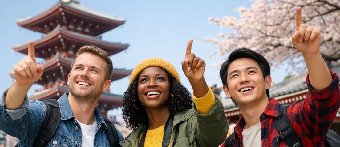 外国人旅行者が日本の観光地を巡るイメージ